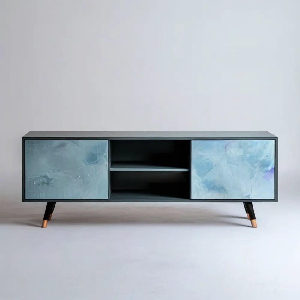 Szafka RTV MDF czarna z niebiesko-szarymi frontami marmurkowymi 180 x 40 x 55 cm