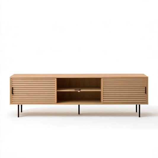 Szafka RTV z MDF z fornirem dębowym, naturalny dąb/czarny, 180 × 40 × 60 cm