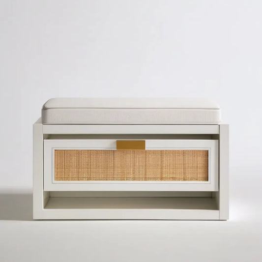 Biała ławka z siedziskiem i rattanowym frontem MDF 80 x 35 x 50 cm